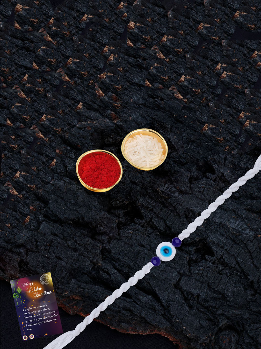 

Silver Shine Set Of 2 Evil Eye Beaded Thread Rakhis with Greeting Card & Roli Chawal, Gold