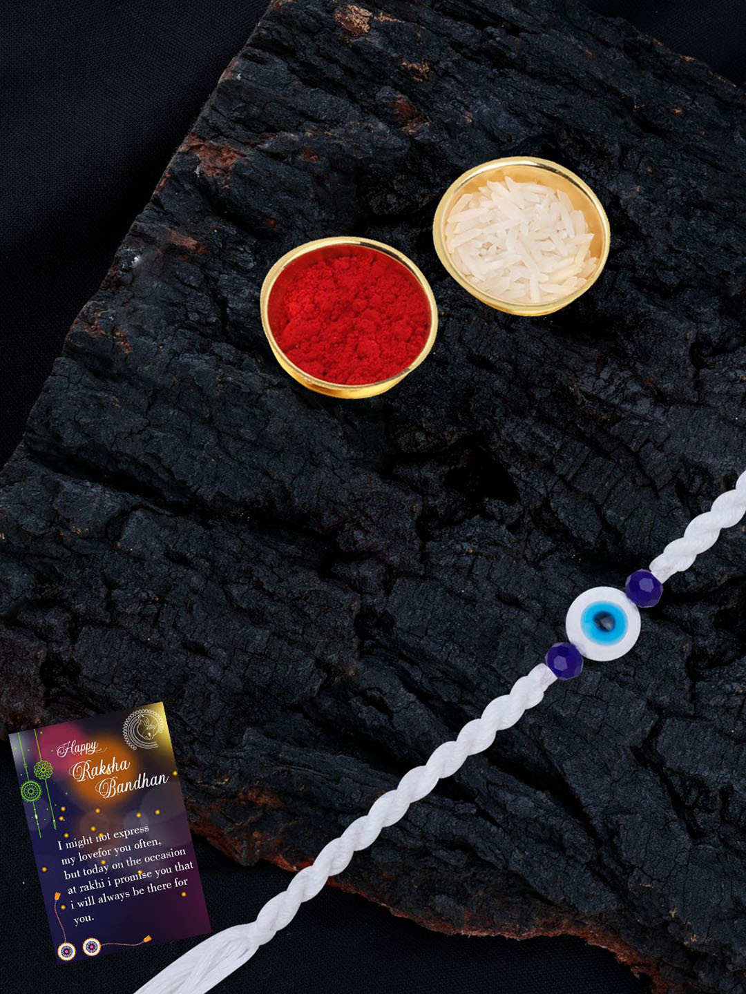 

Silver Shine Set Of 2 Evil Eye Beaded Thread Rakhis with Greeting Card & Roli Chawal, Gold
