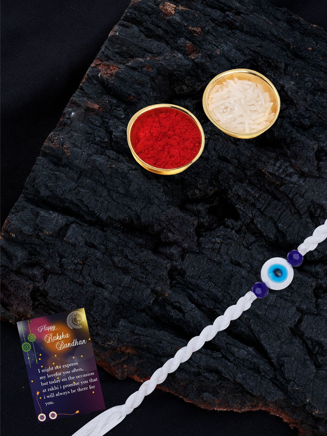 

Silver Shine Set Of 2 Evil Eye Beaded Thread Rakhis with Greeting Card & Roli Chawal, Gold