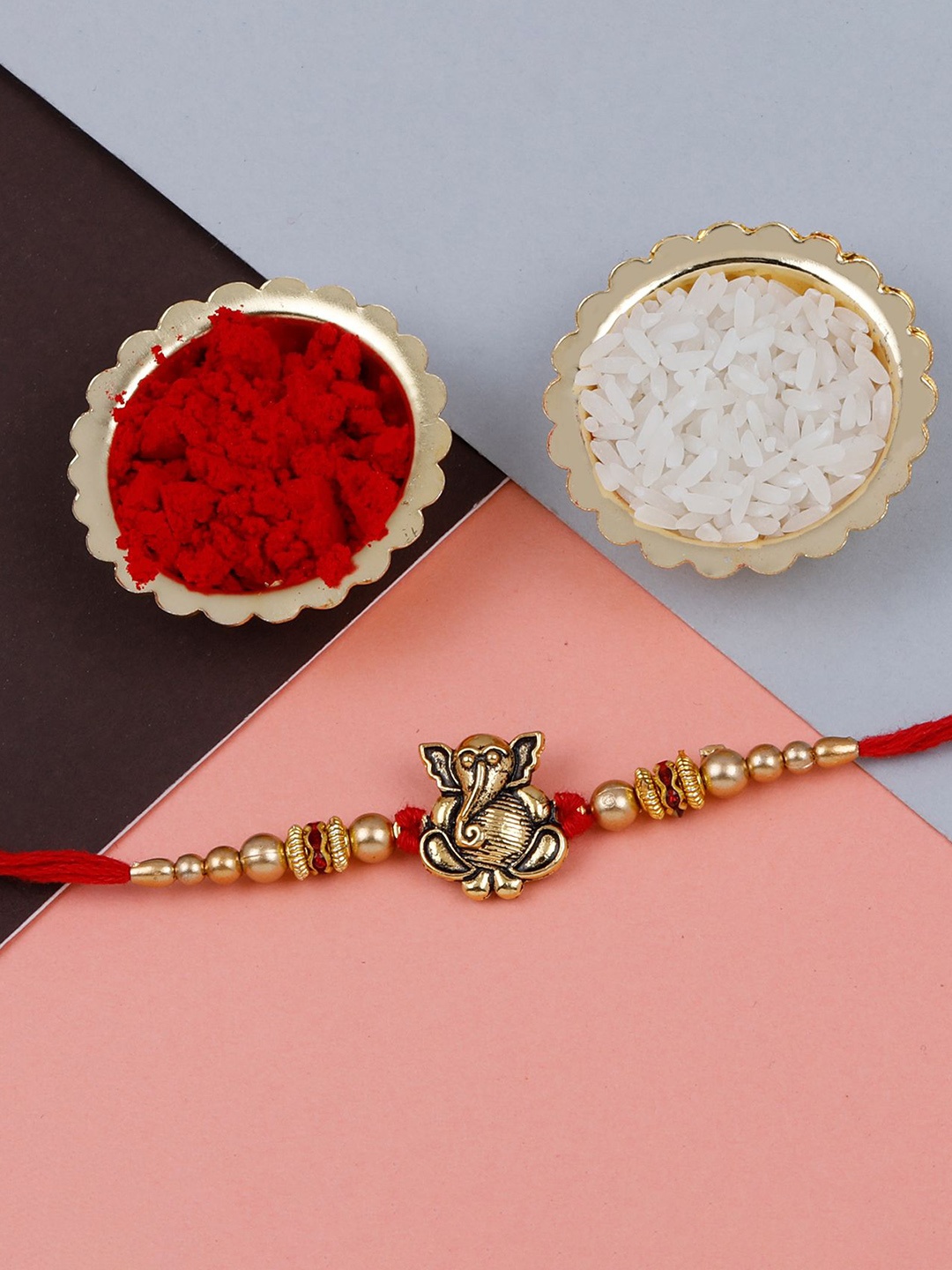 

Silver Shine Set Of 2 Beaded Rakhis with Roli Chawal & Greeting Card, Red