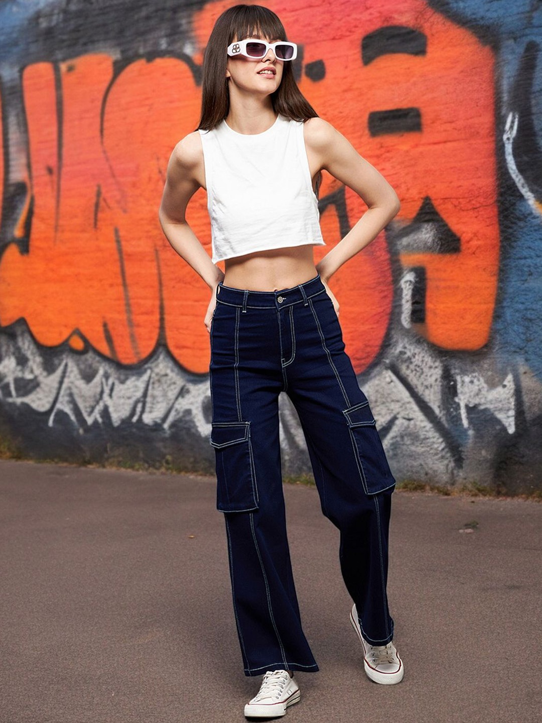 

Miss Chase Women Wide Leg High-Rise Cotton Stretchable Jeans, Blue
