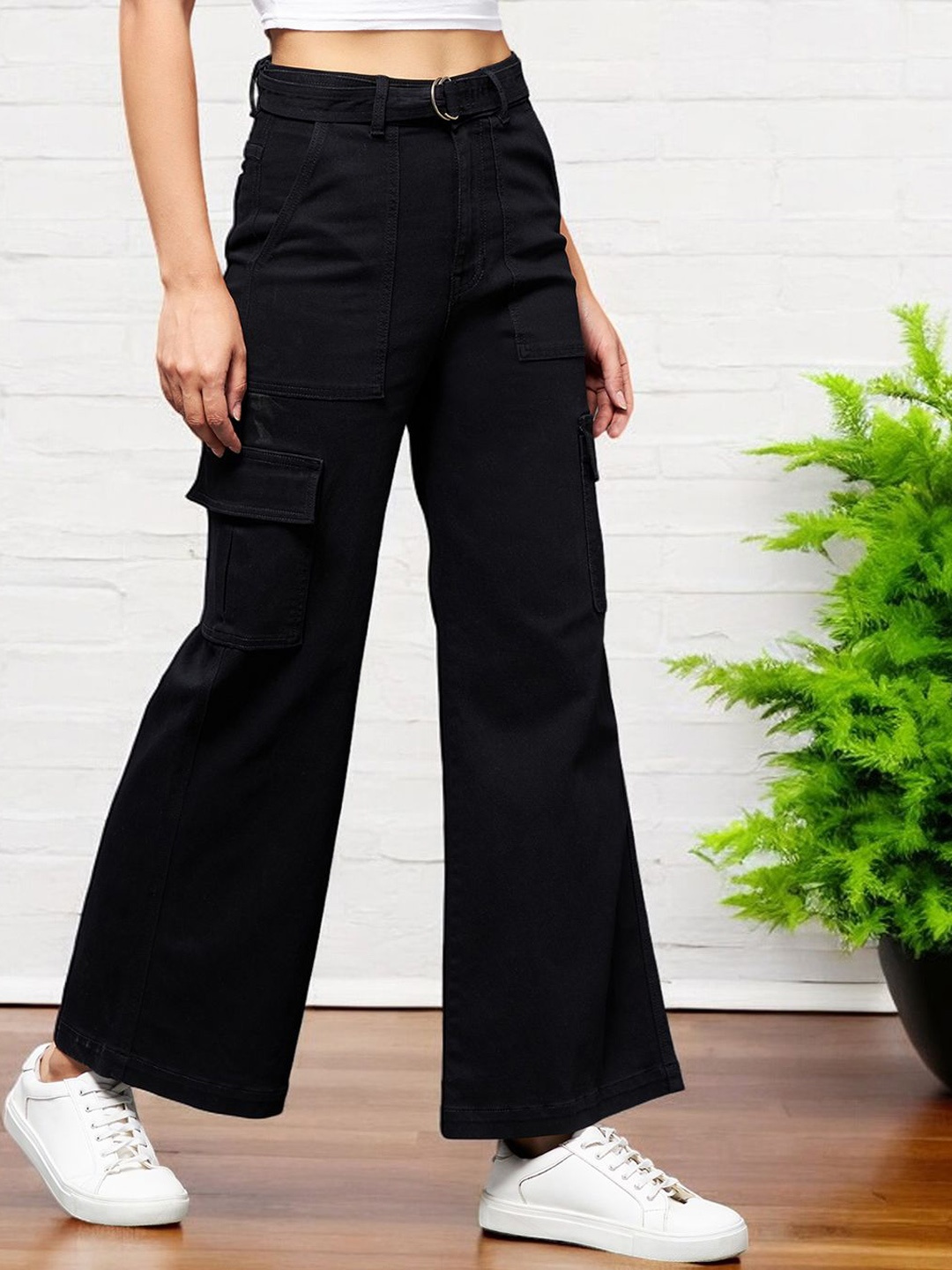 

Miss Chase Women Wide Leg High-Rise Mildly Distressed Stretchable Cargo Jeans, Black