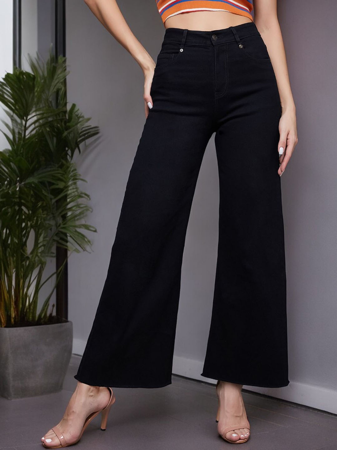 

Miss Chase Women Wide Leg High-Rise Stretchable Jeans, Black