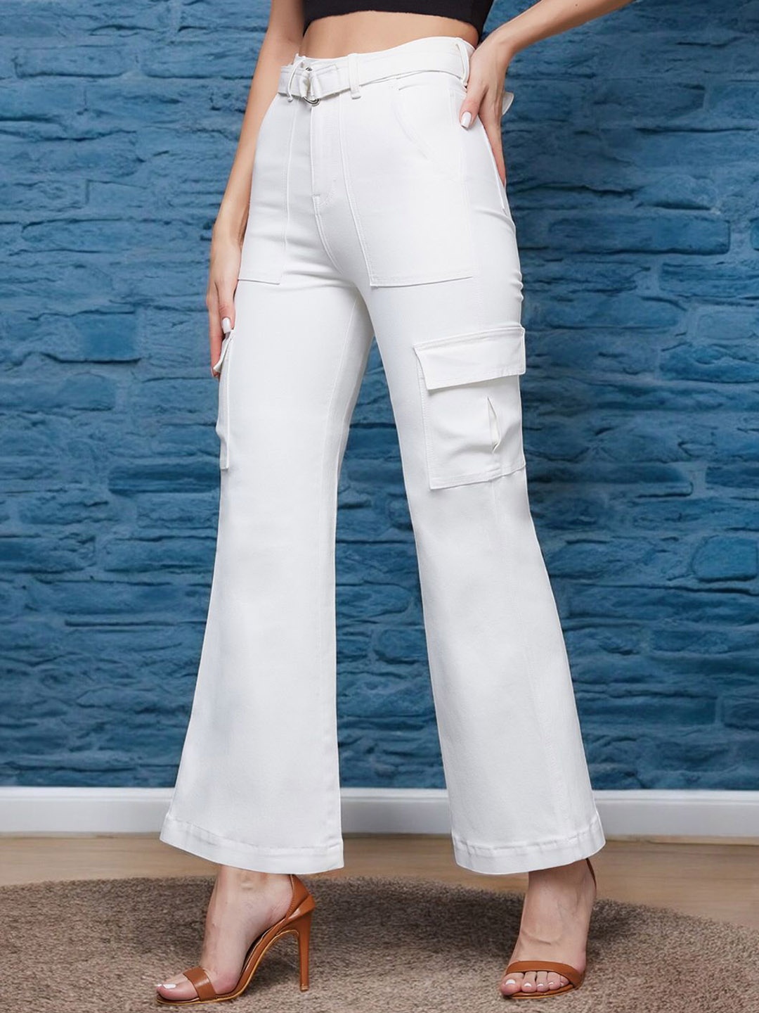 

Miss Chase Women Wide Leg High-Rise Stretchable Cargo Jeans, White