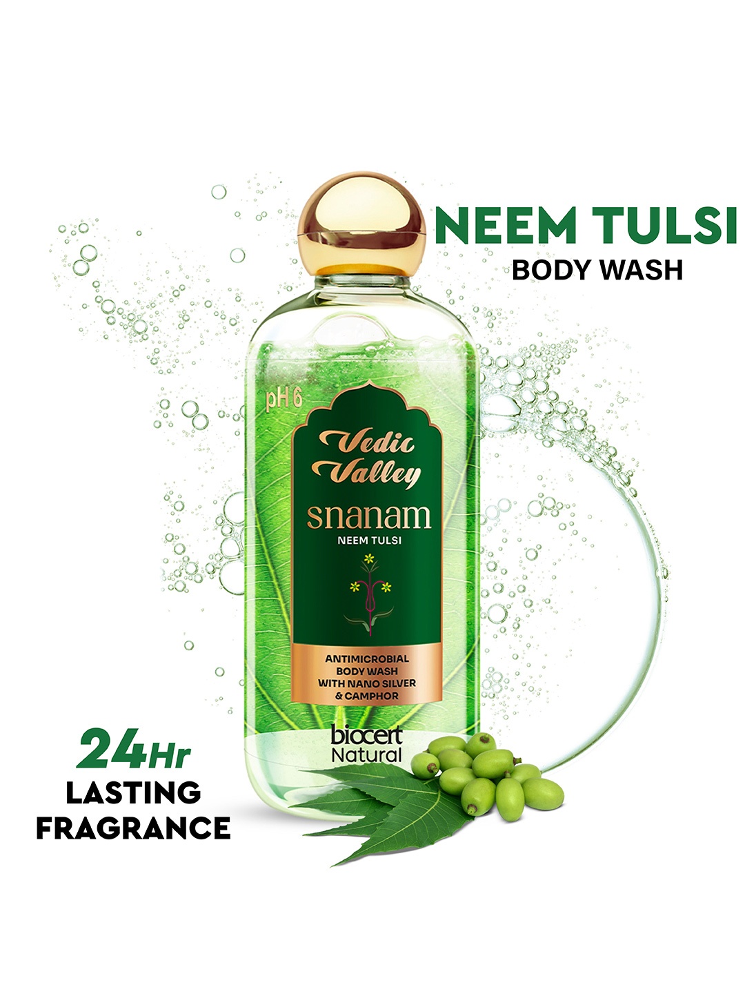 

Vedic Valley Snanam Neem Tulsi Antimicrobial Body Wash with Nano Silver & Camphor - 300ml, Green