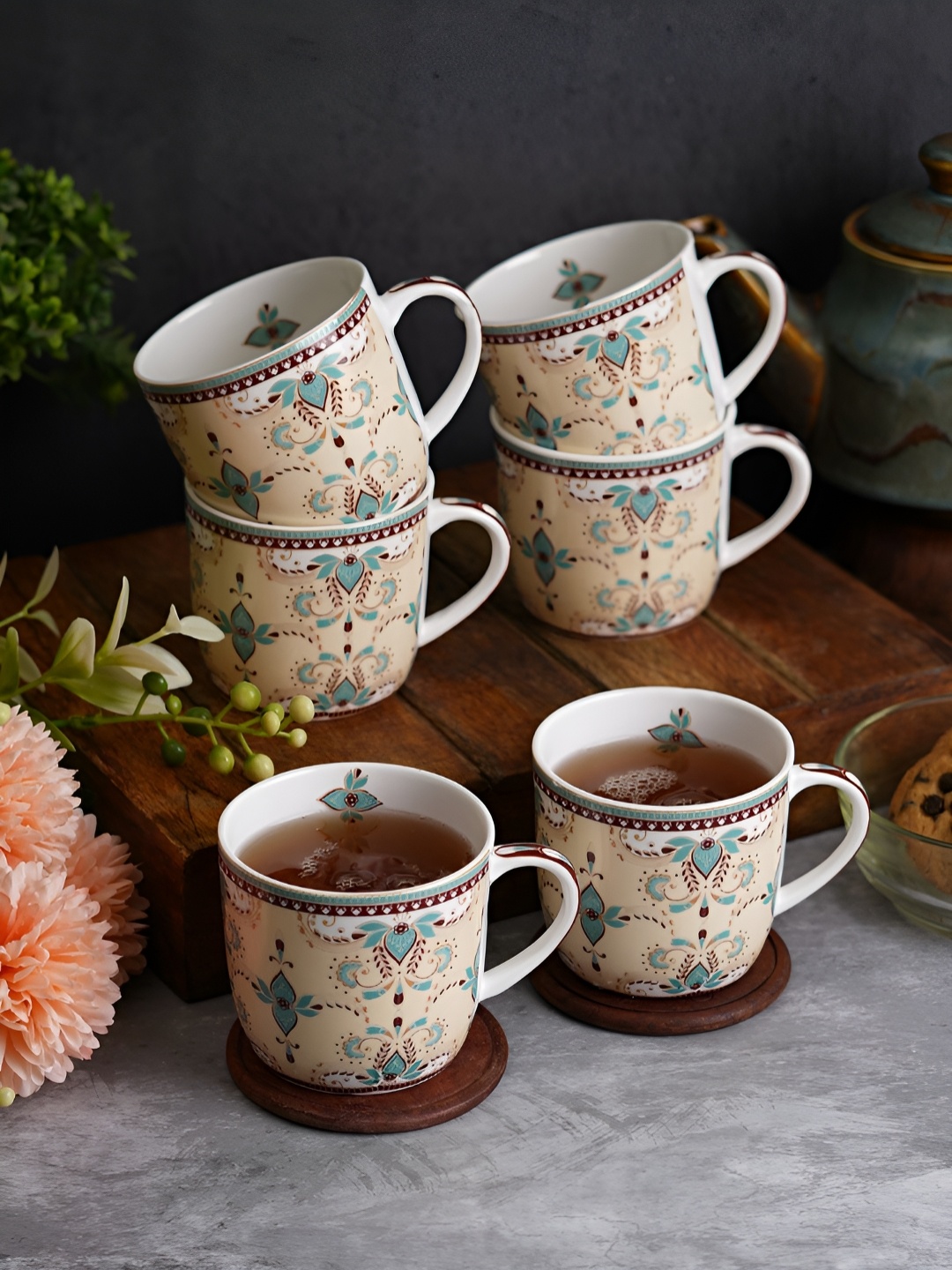 

CDI Cream & Blue 6 Pieces Ethnic Motifs Printed Glossy Mugs 150ml Each