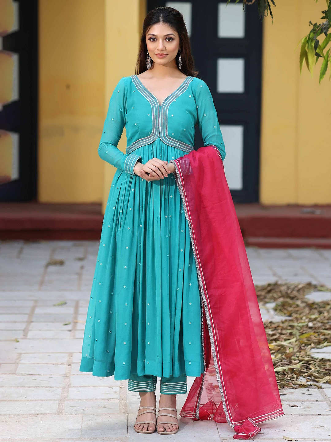 

Bullion Knot Mirror Work Georgette Anarkali Kurta Set, Blue
