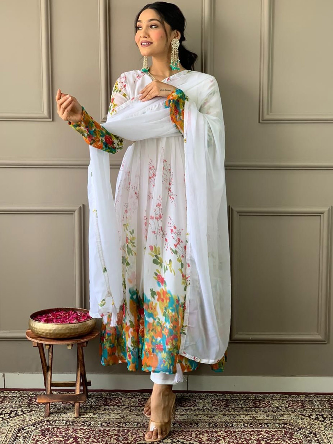 

CANIZZARO Floral Printed Mirror Work Georgette Anarkali Kurta with Trousers & Dupatta, White