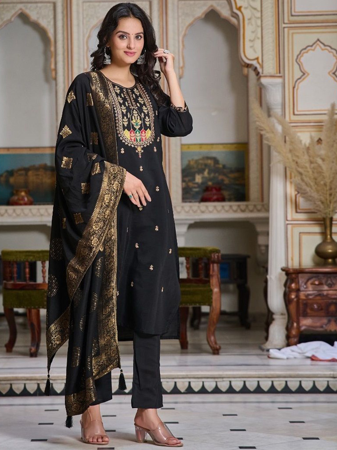 

KALINI Regular Thread Work Chanderi Silk Straight Kurta with Trousers & With Dupatta, Black