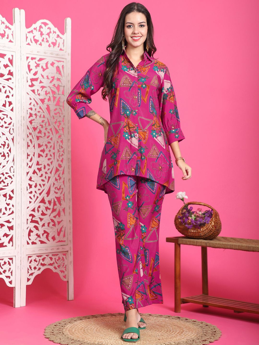 

Claura Pink Printed Shirt Collar Chanderi Silk Tunic With Trousers