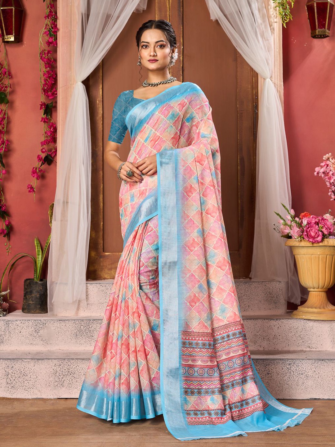 

KALINI Geometric Printed Zari Saree With With Blouse Piece, Pink