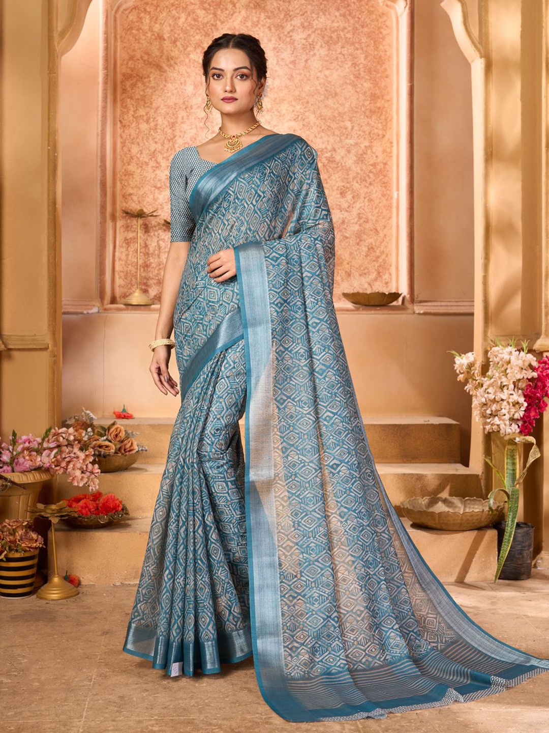 

KALINI Zari Woven Geometric Saree, Blue