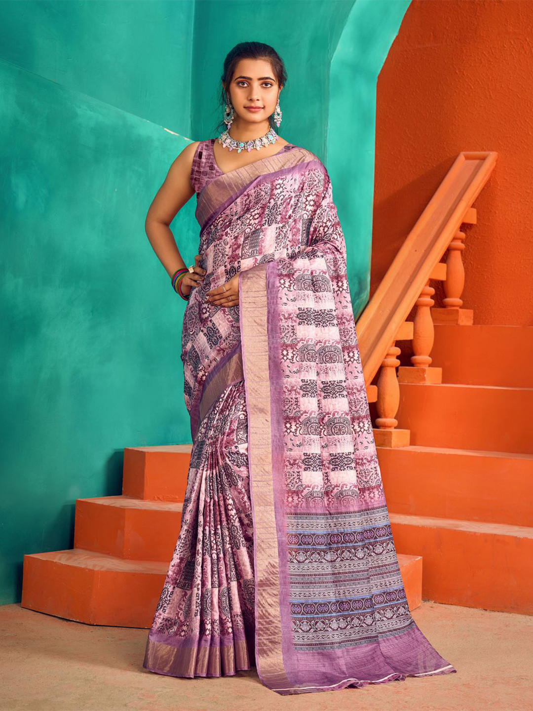 

KALINI Ethnic Motifs Zari Satin Saree, Pink