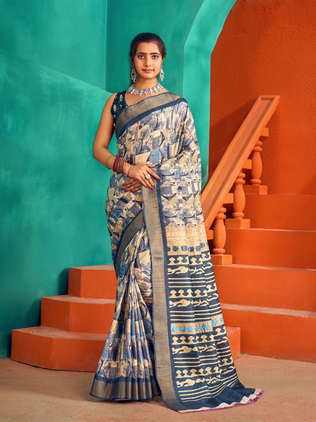 

KALINI Printed Satin Zari Saree, Blue