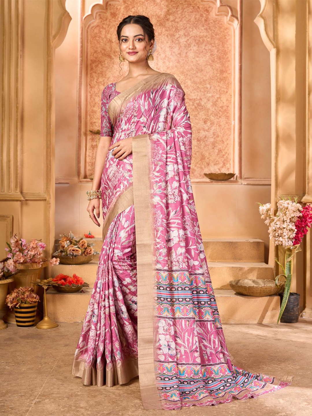 

KALINI Ethnic Motif Zari Woven Saree, Pink