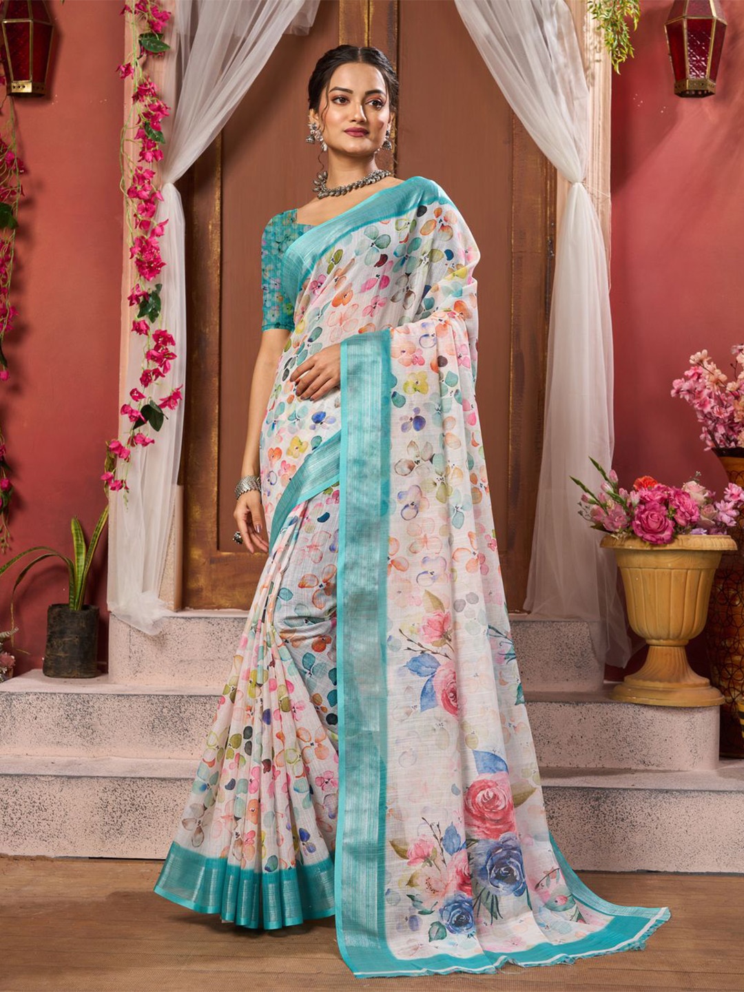 

KALINI Floral Printed Zari Saree, White