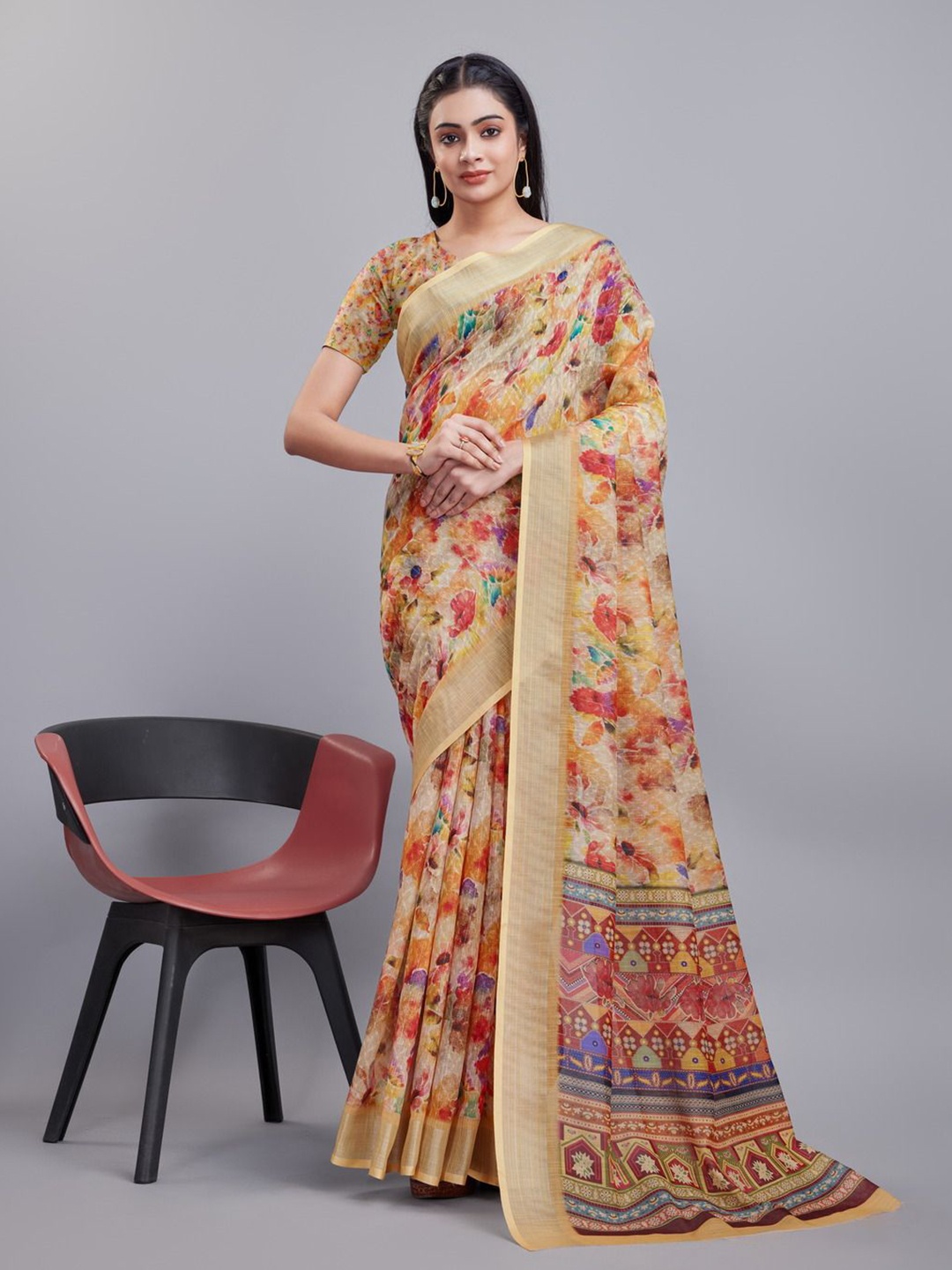 

KALINI Floral Printed Zari Saree, Cream