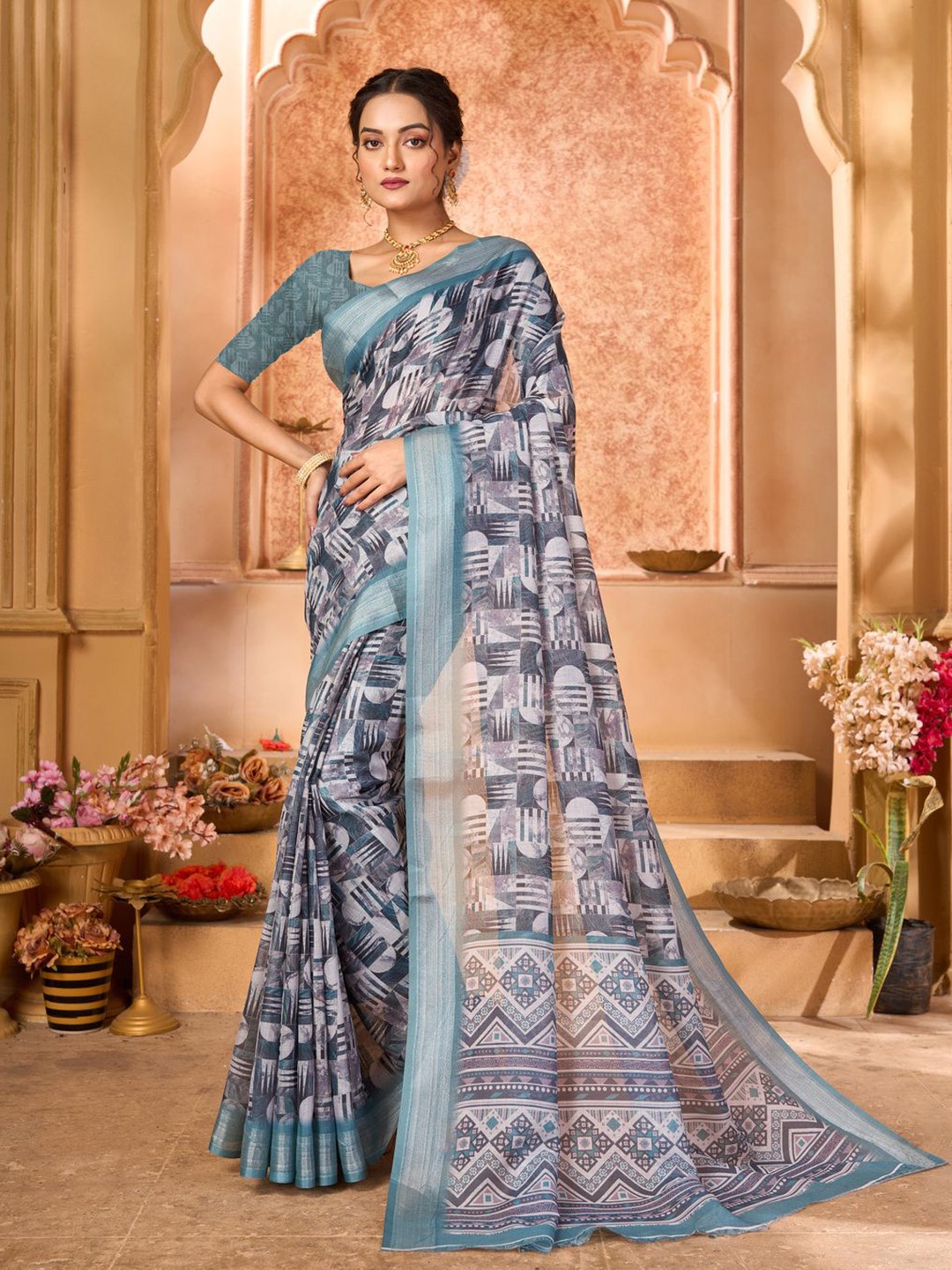 

KALINI Geometric Zari Saree, Green