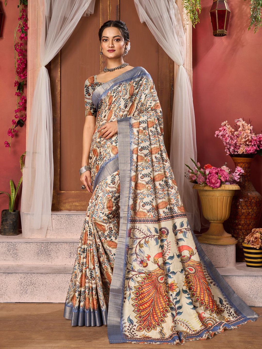 

KALINI Silk Blend Floral Zari Festive Saree, Orange