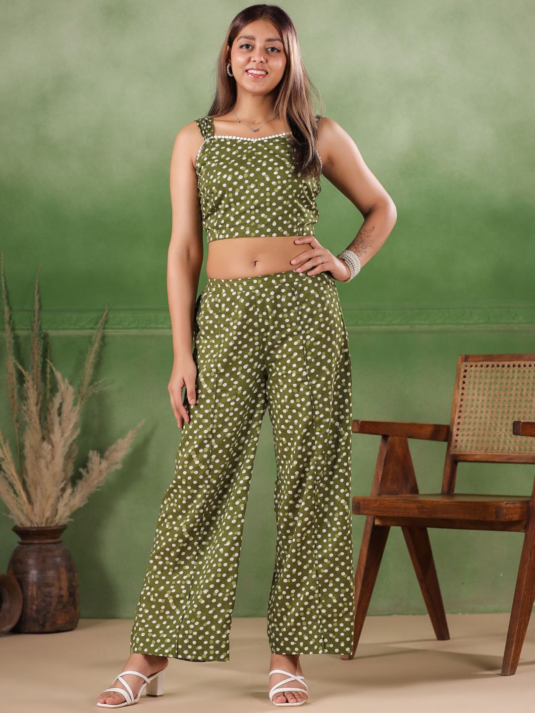 

Sangria Printed Shoulder Straps Pure Cotton Top With Palazzo, Green