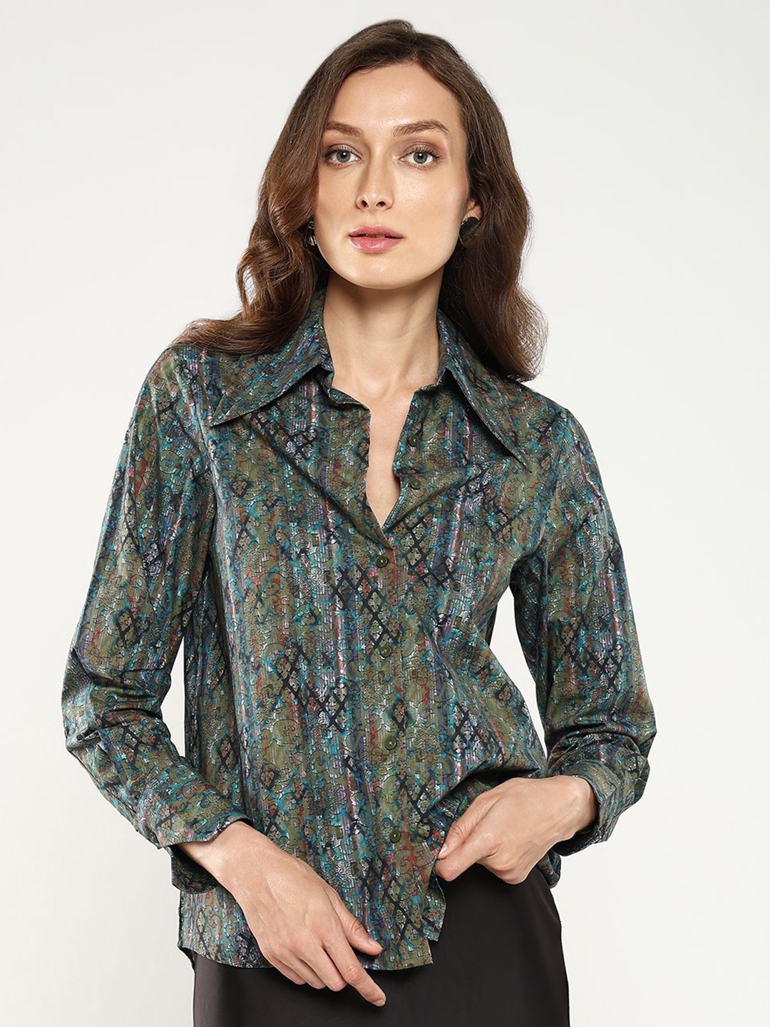 

RAREISM Print Mandarin Collar Cotton Styled Back Top, Multi