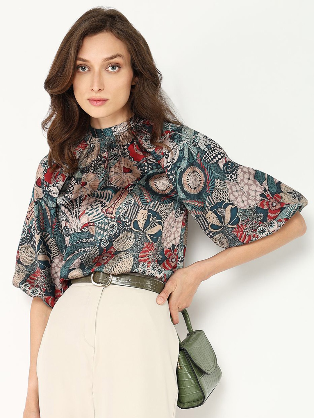 

RAREISM Floral Print Mandarin Collar Satin Top, Multi