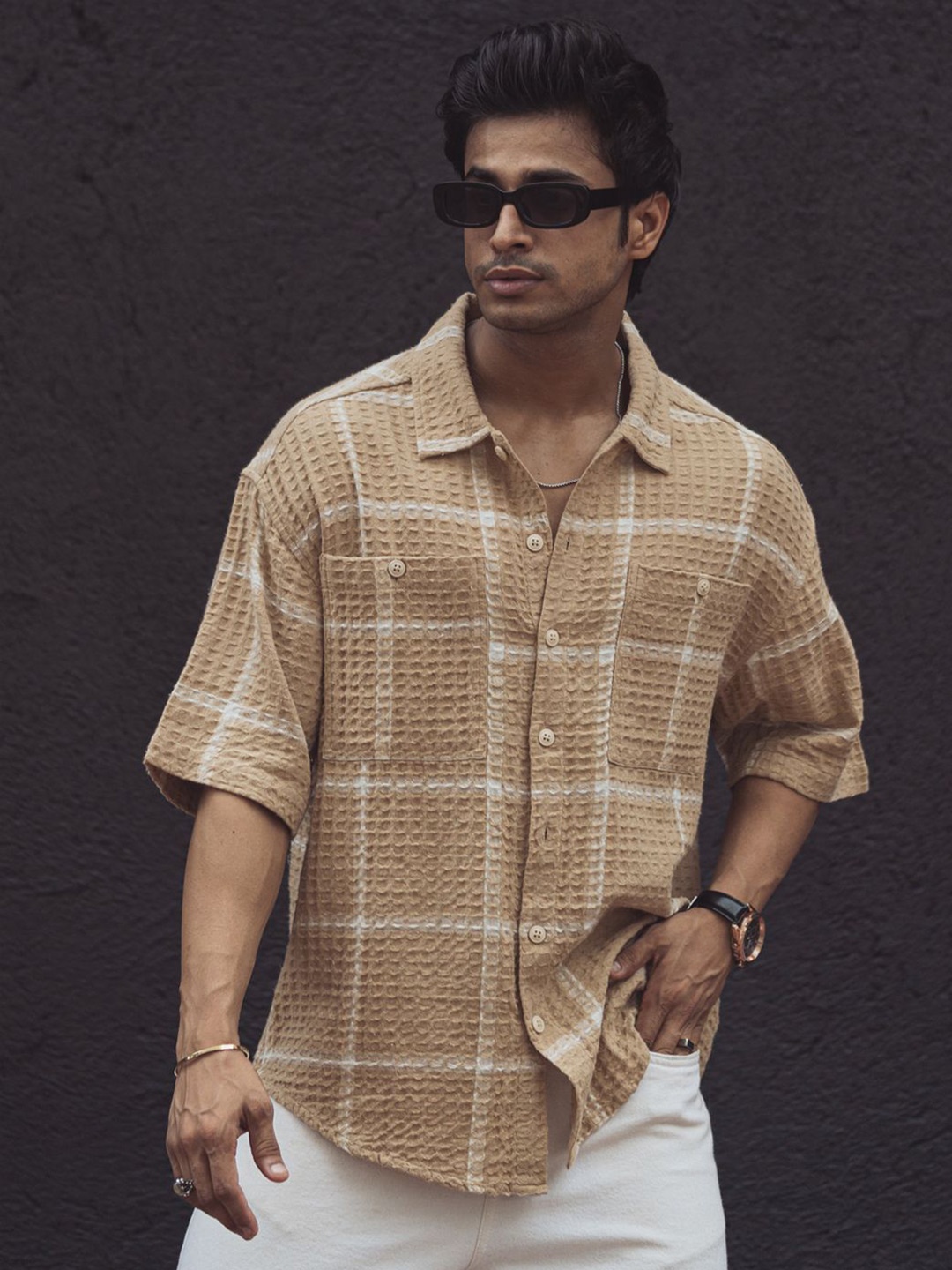 

Powerlook Men Opaque Checked Casual Shirt, Beige