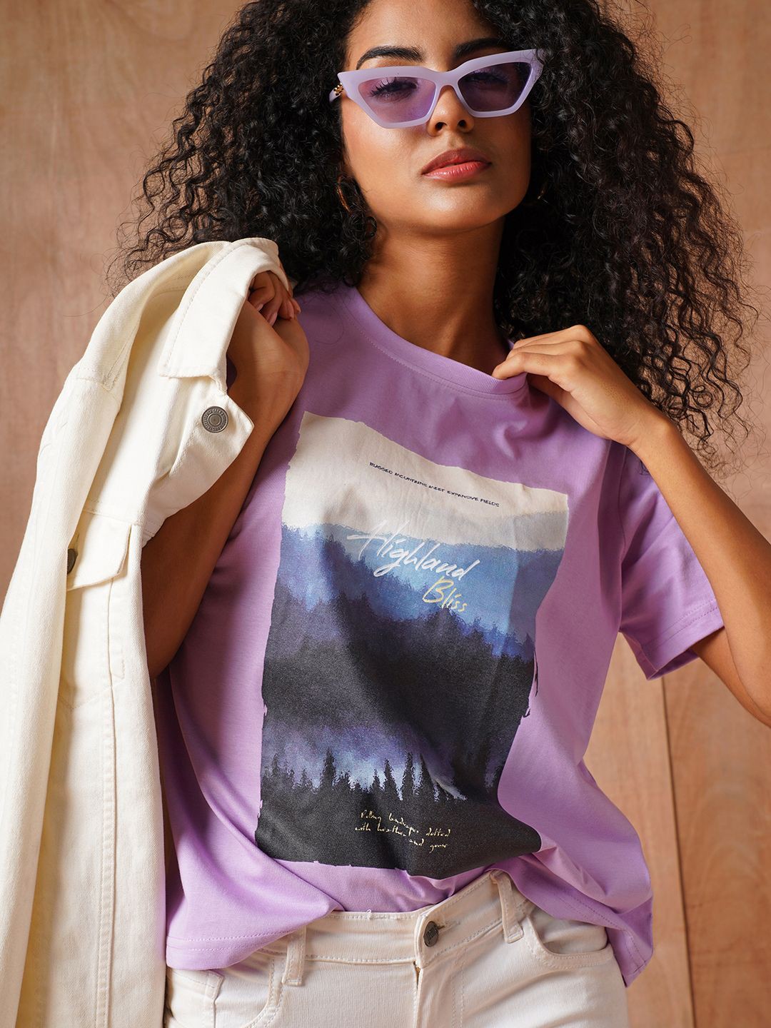 

The Roadster Lifestyle Co Printed Cotton Oversized-Fit T-Shirt, Lavender