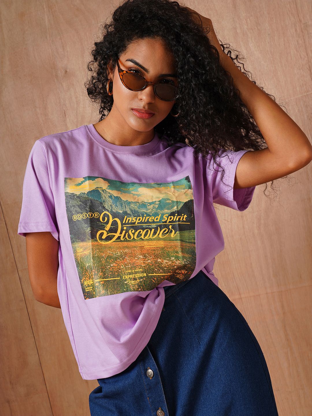 The Roadster Lifestyle Co Printed Cotton Oversized-Fit T-Shirt, Lavender