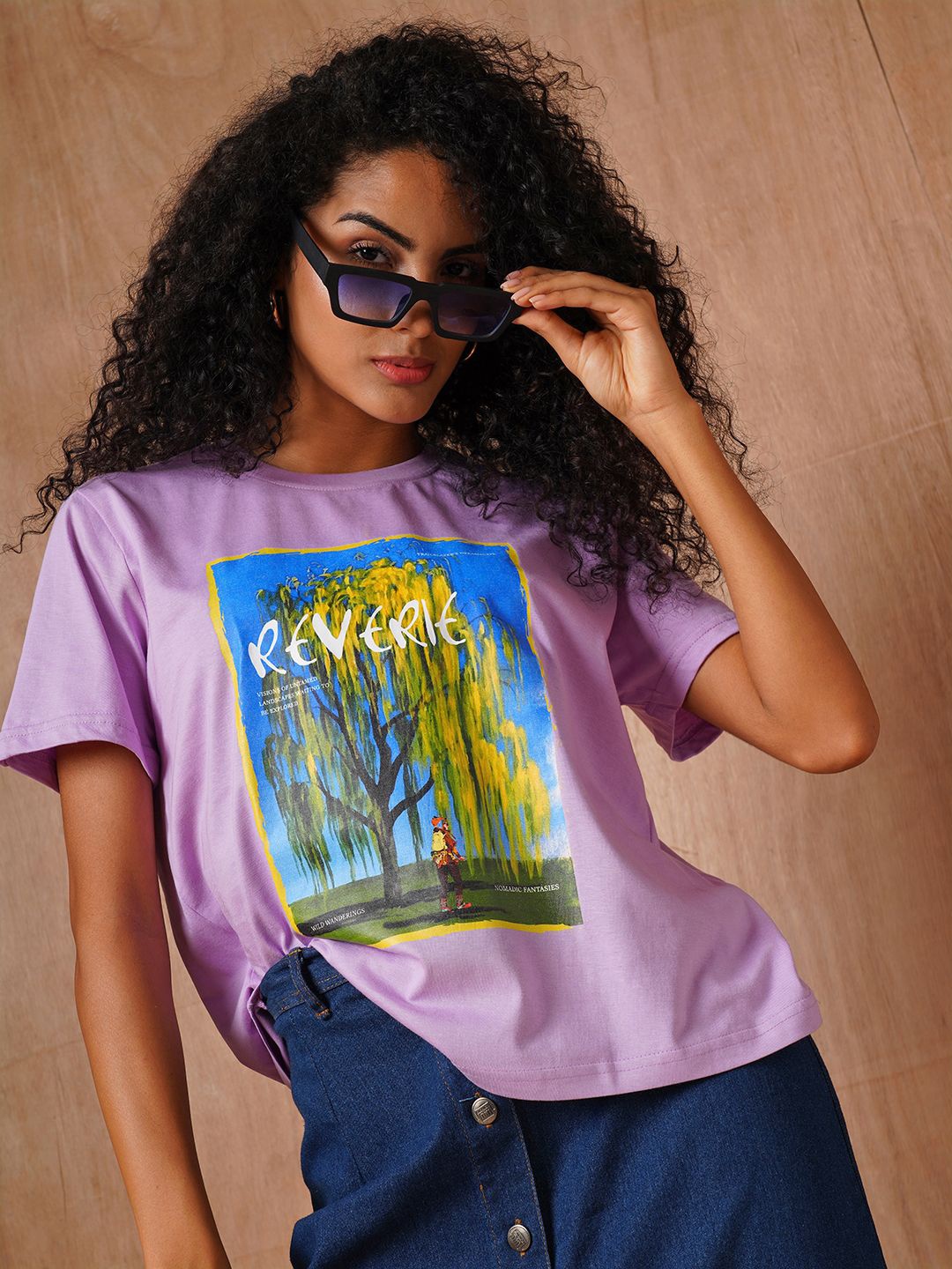 The Roadster Lifestyle Co Printed Cotton Oversized-Fit T-Shirt, Lavender
