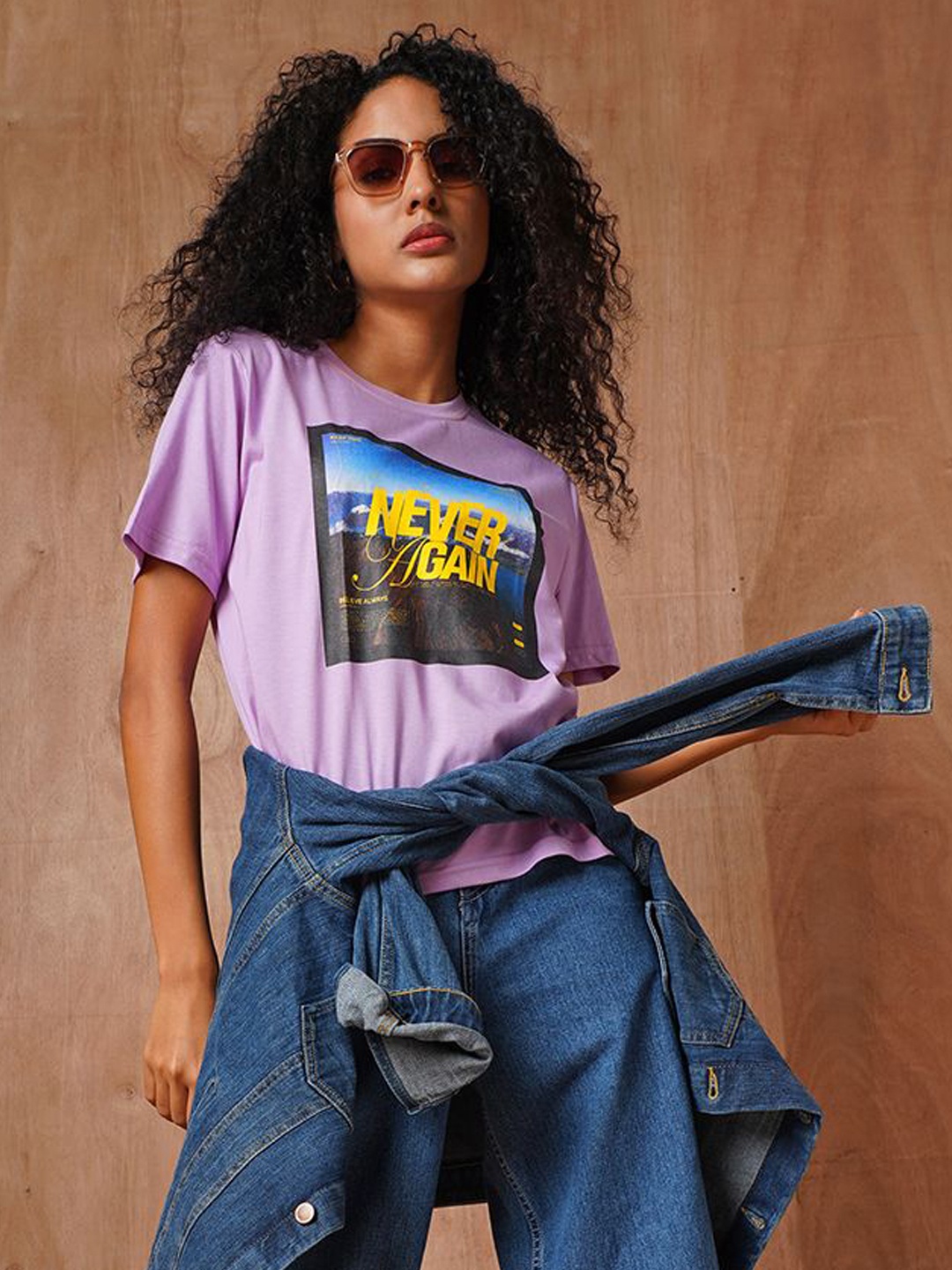 

The Roadster Lifestyle Co Printed Cotton Oversized-Fit T-Shirt, Lavender