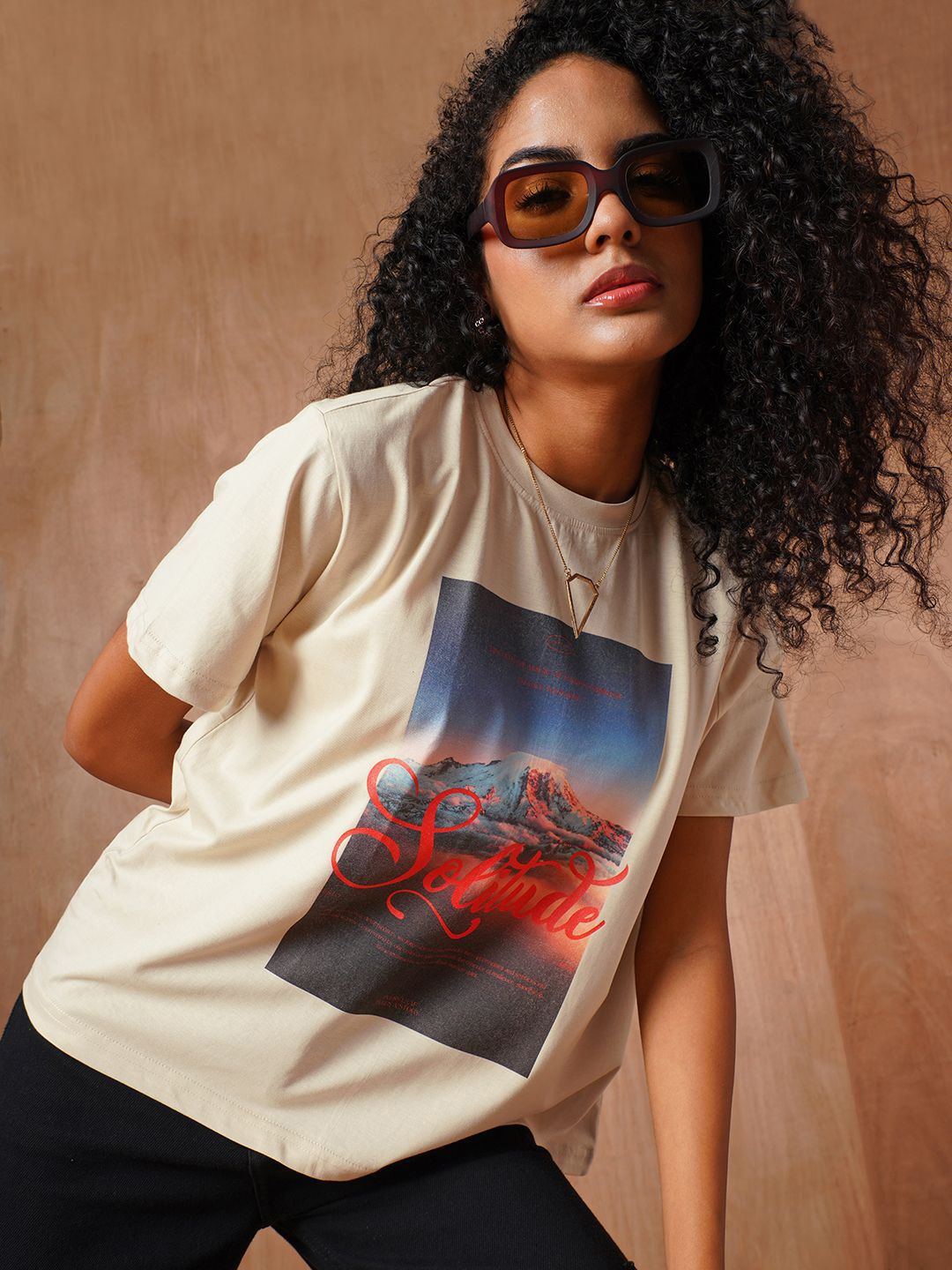 

The Roadster Lifestyle Co Printed Cotton Oversized-Fit T-Shirt, Beige