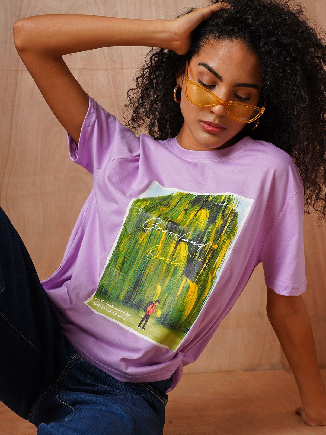 The Roadster Lifestyle Co Printed Cotton Oversized-Fit T-Shirt, Lavender