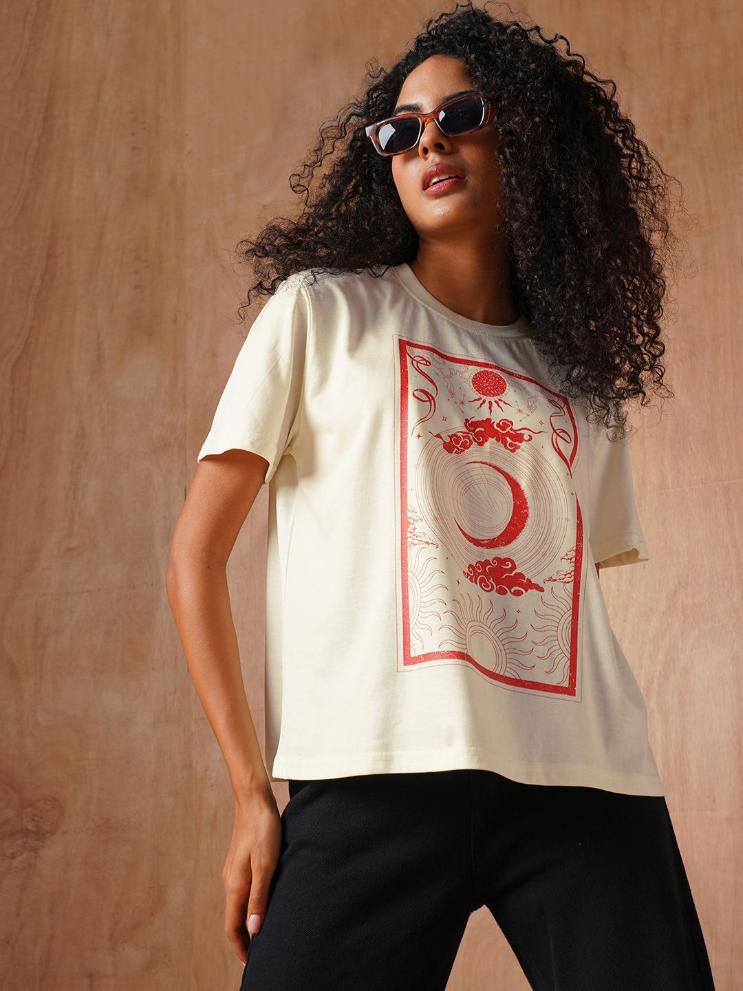 

The Roadster Lifestyle Co Printed Cotton Oversized-Fit T-Shirt, Off white