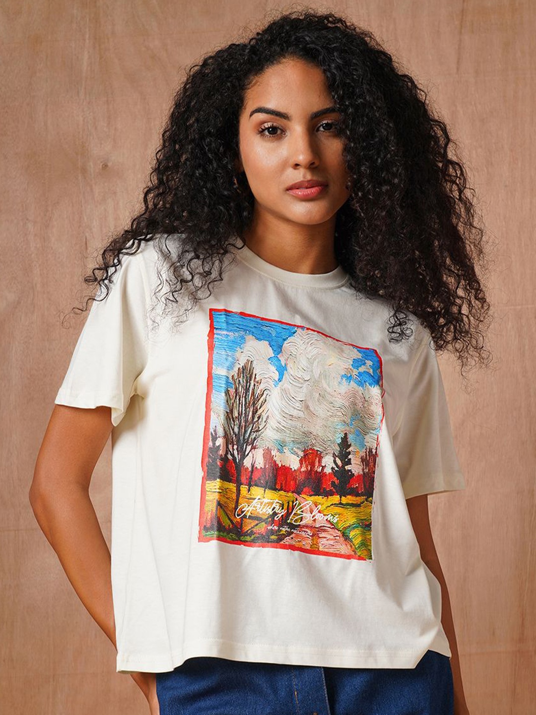 

The Roadster Lifestyle Co Printed Cotton Oversized-Fit T-Shirt, Off white