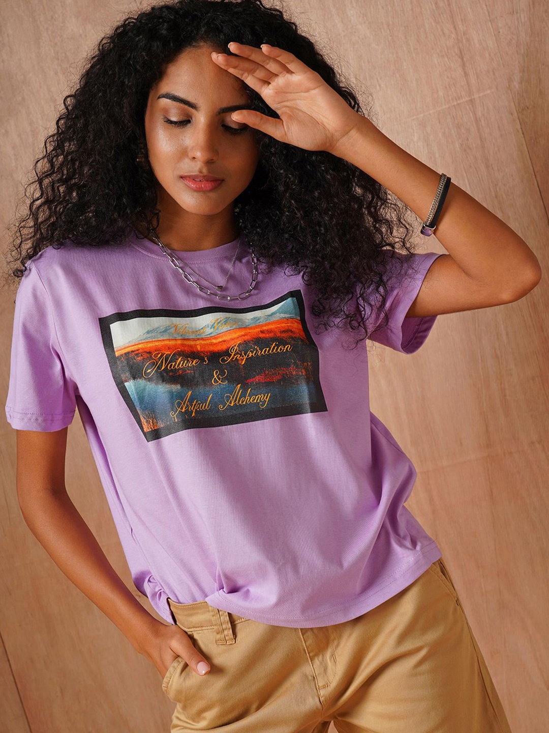 

The Roadster Lifestyle Co Printed Cotton Oversized-Fit T-Shirt, Lavender