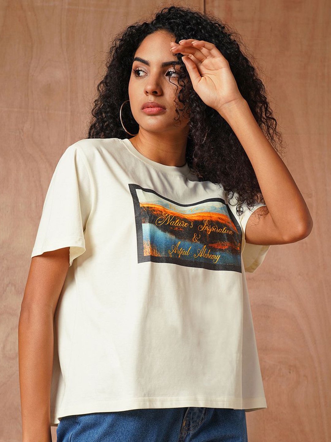 

The Roadster Lifestyle Co Printed Oversized Cotton T-Shirt, Off white