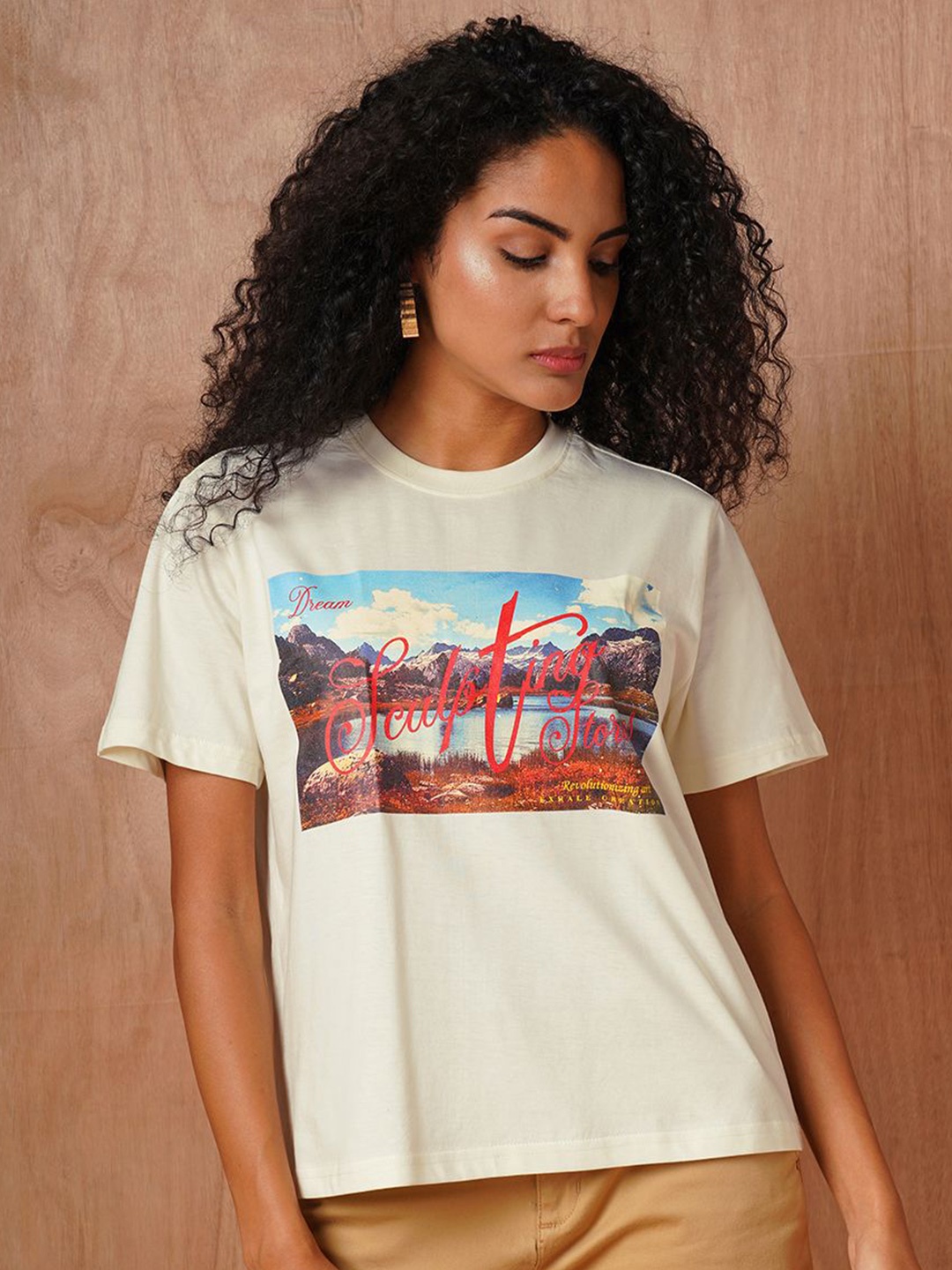 The Roadster Lifestyle Co Printed Cotton Oversized-Fit T-Shirt, Off white