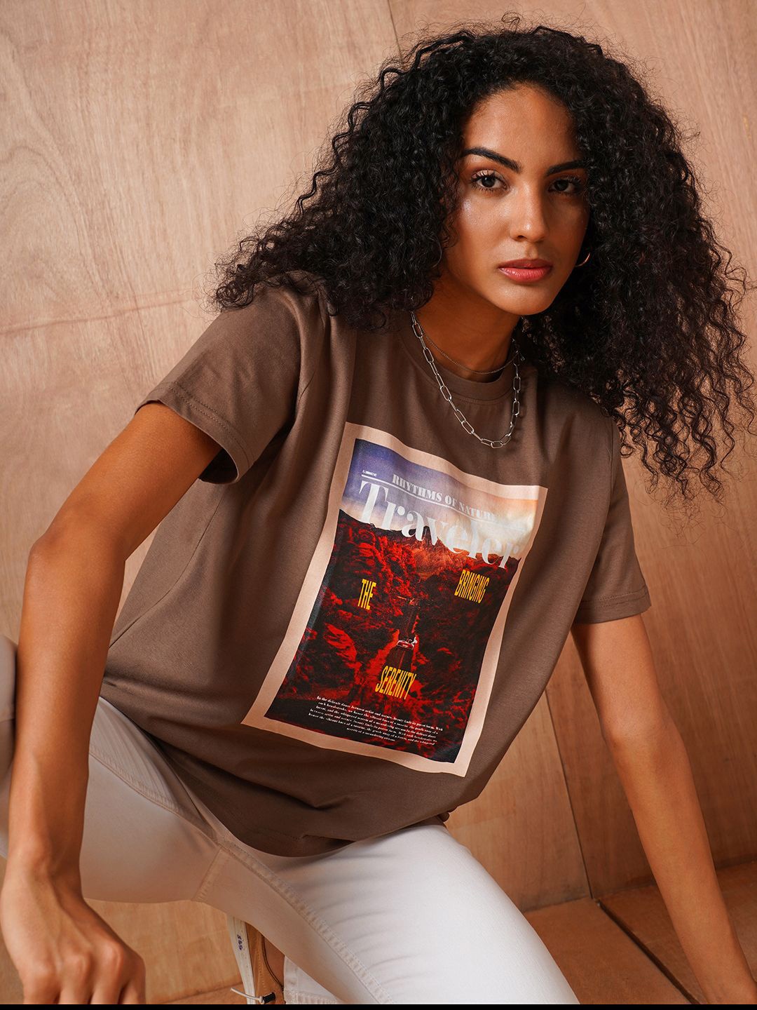 

The Roadster Lifestyle Co Printed Oversized Tshirt, Brown