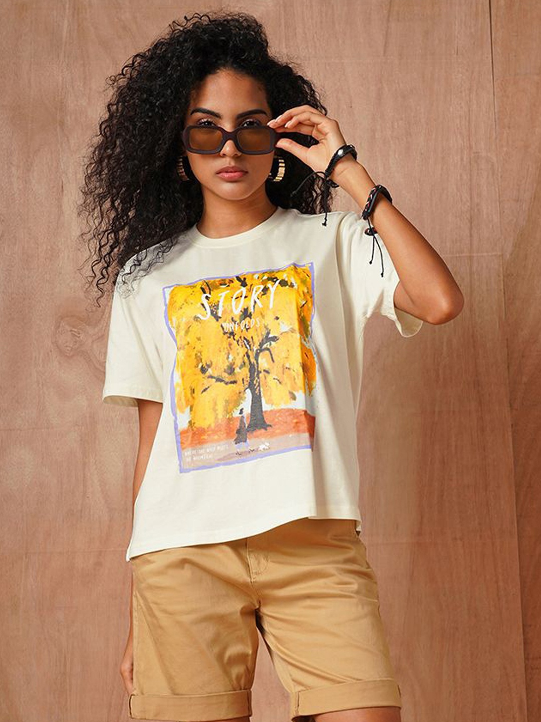 

The Roadster Lifestyle Co Printed Oversized Cotton T-Shirt, Off white