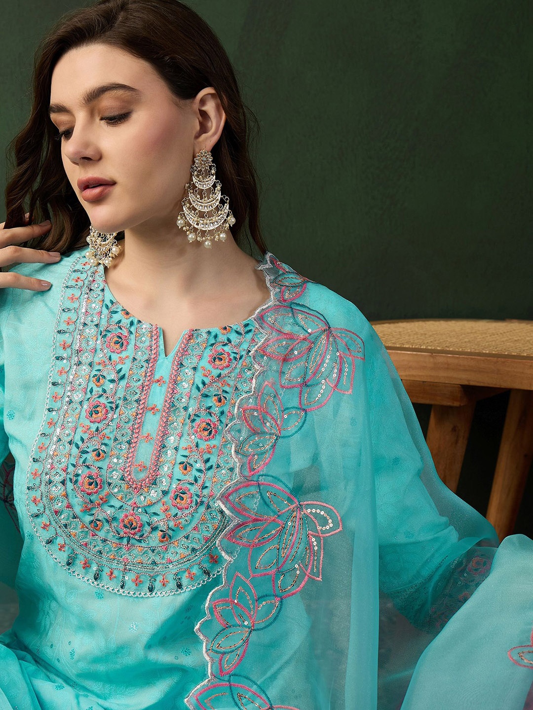 

Sangria Turquoise Blue Floral Embroidered Straight Kurta With Palazzos & Duppatta