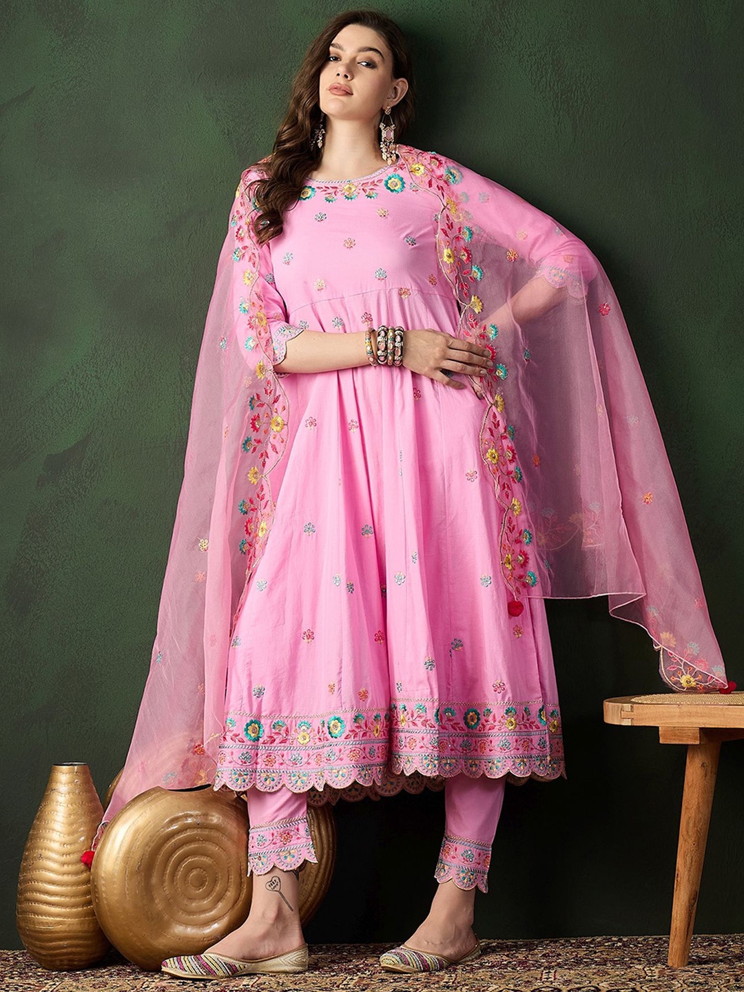 

Sangria Pink Floral Embroidered Empire Anarkali Kurta With Trousers & Duppatta