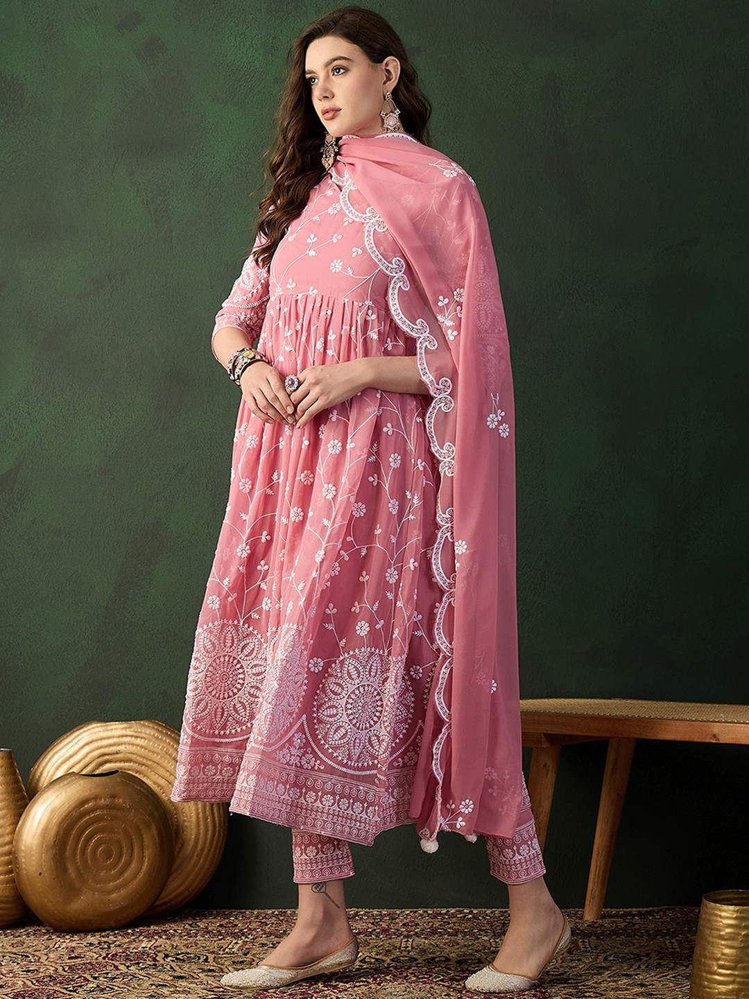 

Sangria Mauve Pink Floral Embroidered Anarkali Kurta With Trousers & Duppatta