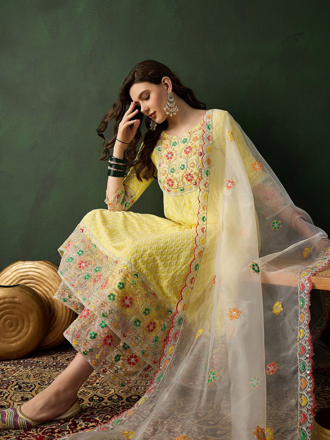 

Sangria Floral Embroidered Sequinned Round Neck Anarkali Kurta Sets, Yellow