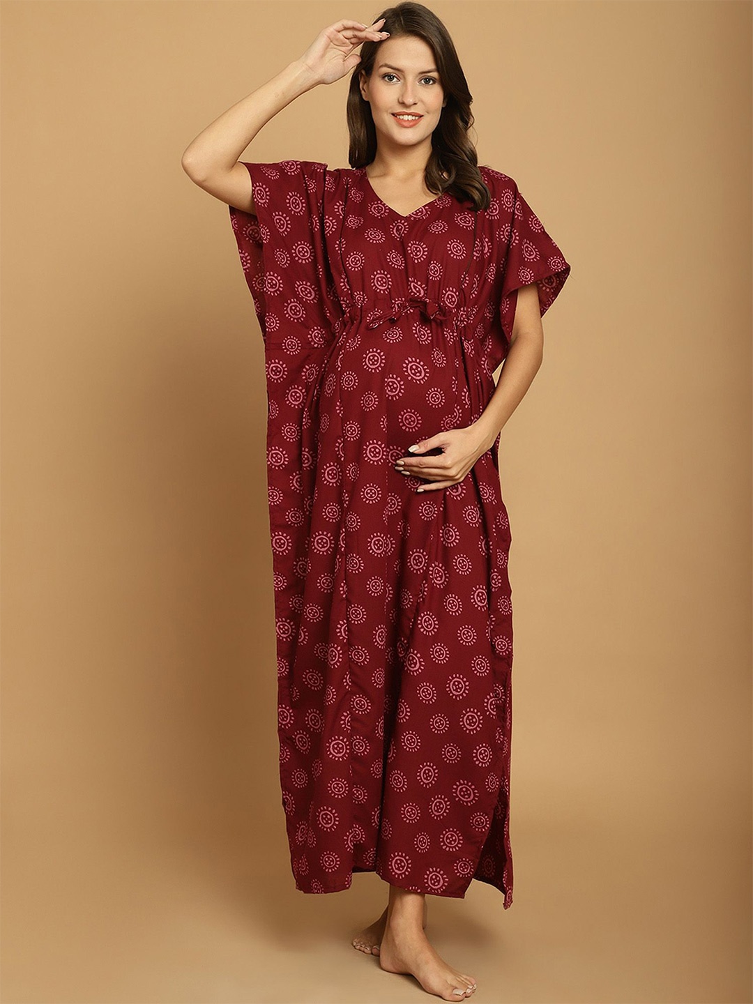 

Secret Wish Printed Pure Cotton Maternity Kaftan Maxi Nightdress, Maroon