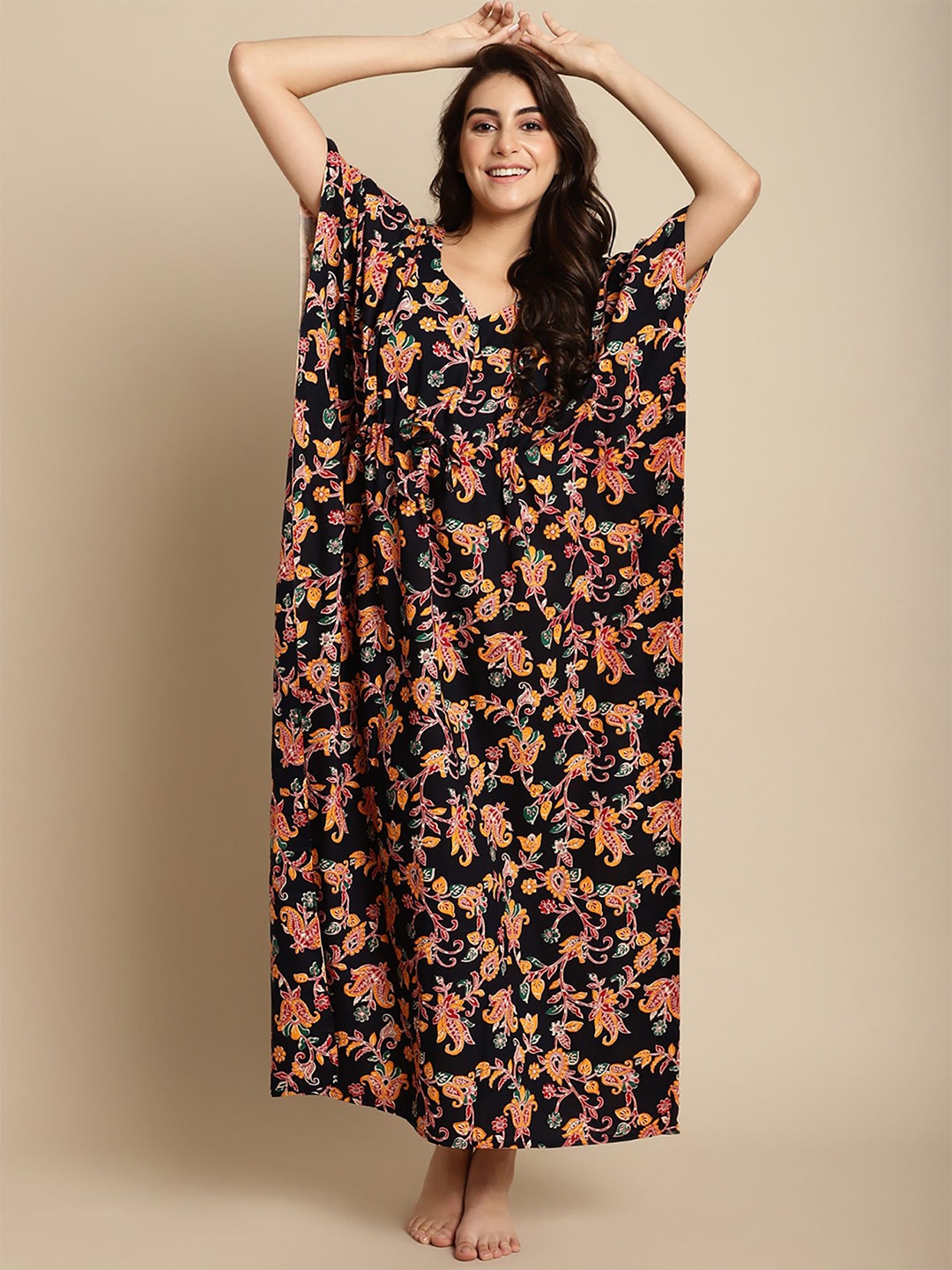 

Secret Wish Women Printed Maxi Kaftan Nightdress, Black