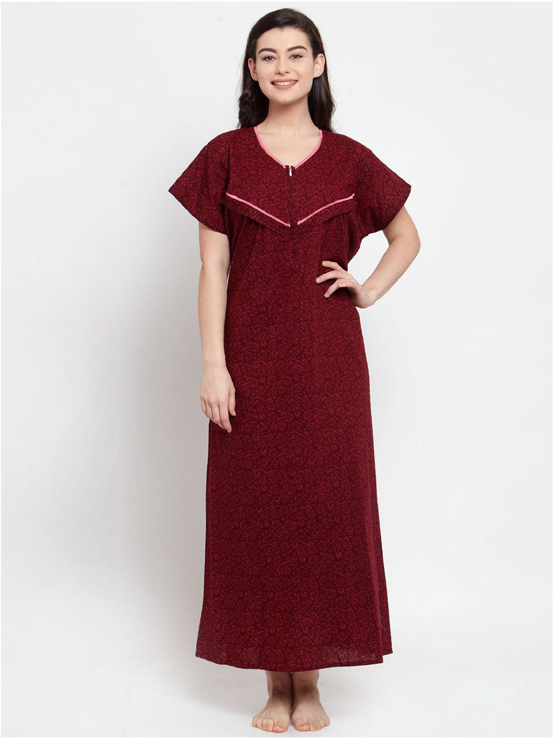 

Secret Wish Women's Round Neck Printed Maxi Nightdress, Maroon