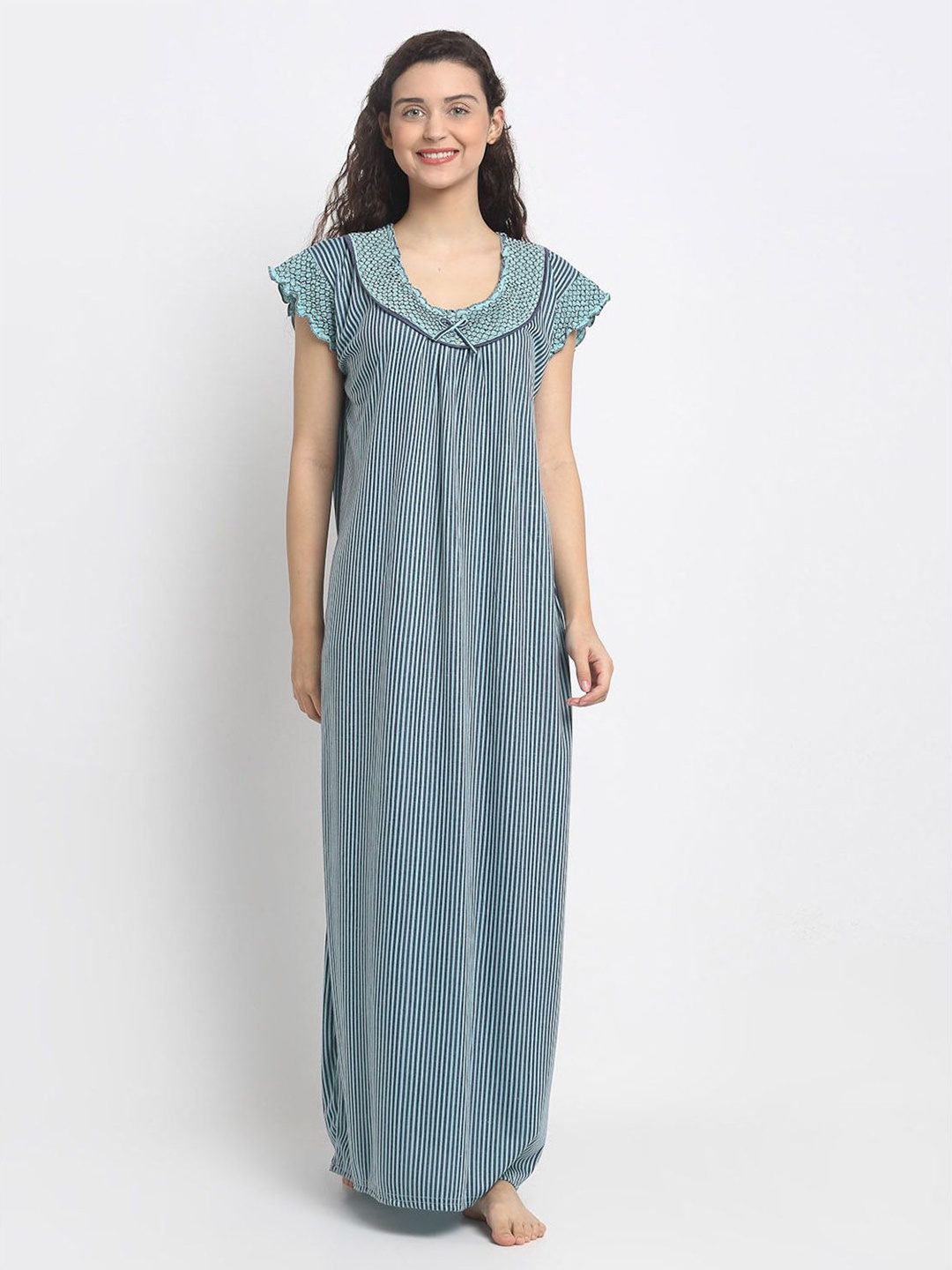 

Secret Wish Women Hosiery Striped Maxi Nightdress, Grey