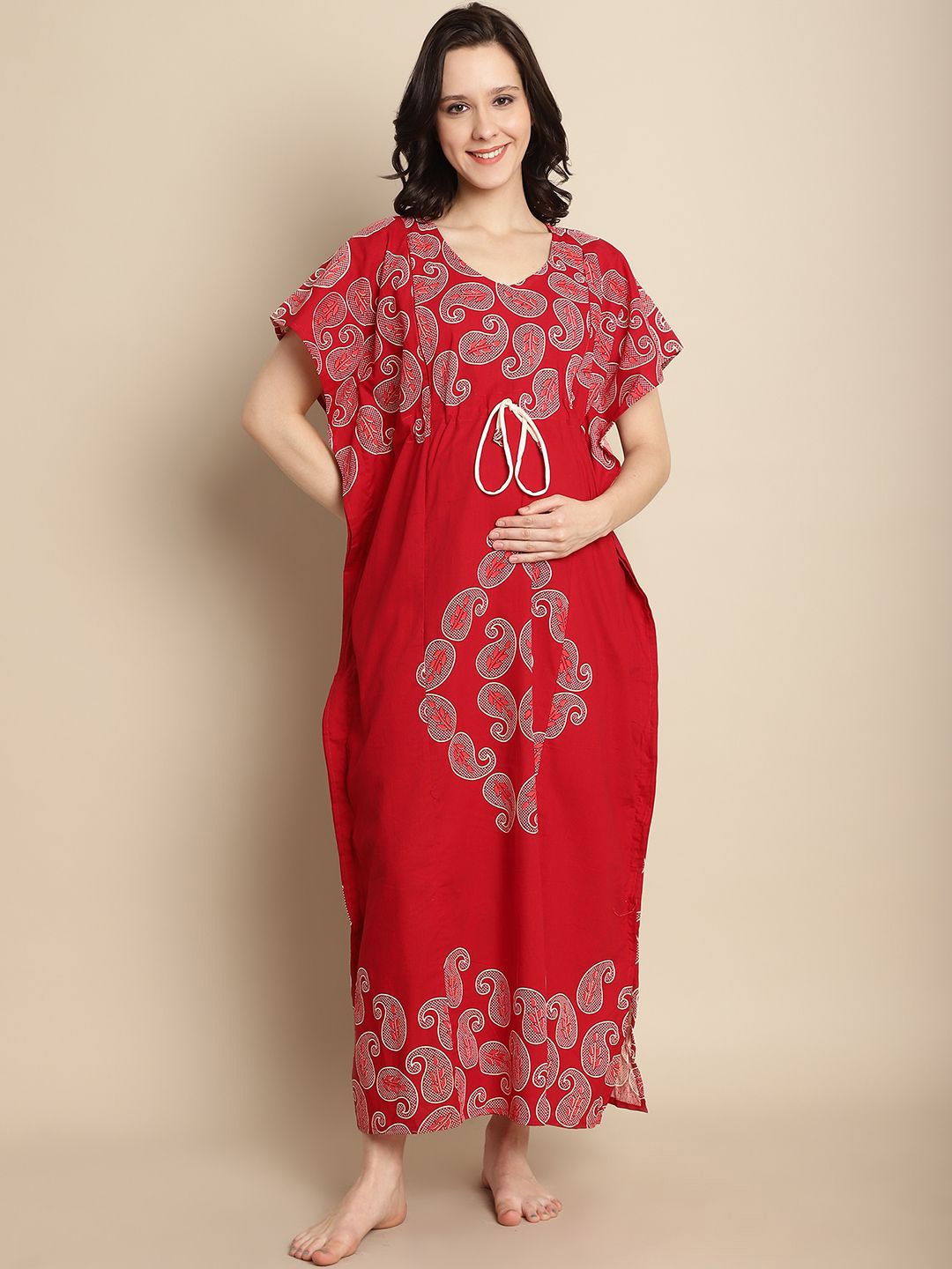 

Secret Wish Women Printed Pure Cotton Maxi Kaftan Nightdress, Red