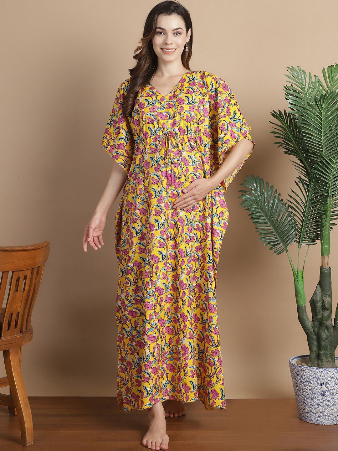 

Secret Wish Floral Printed Pure Cotton Maternity Kaftan Maxi Nightdress, Yellow